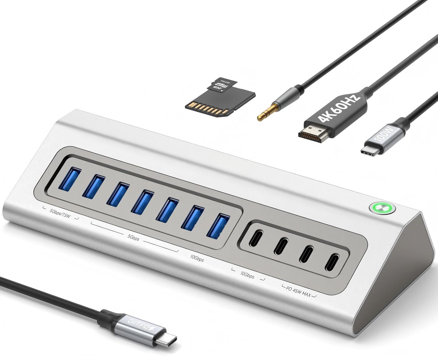 18 in 1 USB 3.2 Hub with 4K HDMI,PD 100W,45W Charge,10Gbps USB,SD/TF,Audio, 65W Adapter